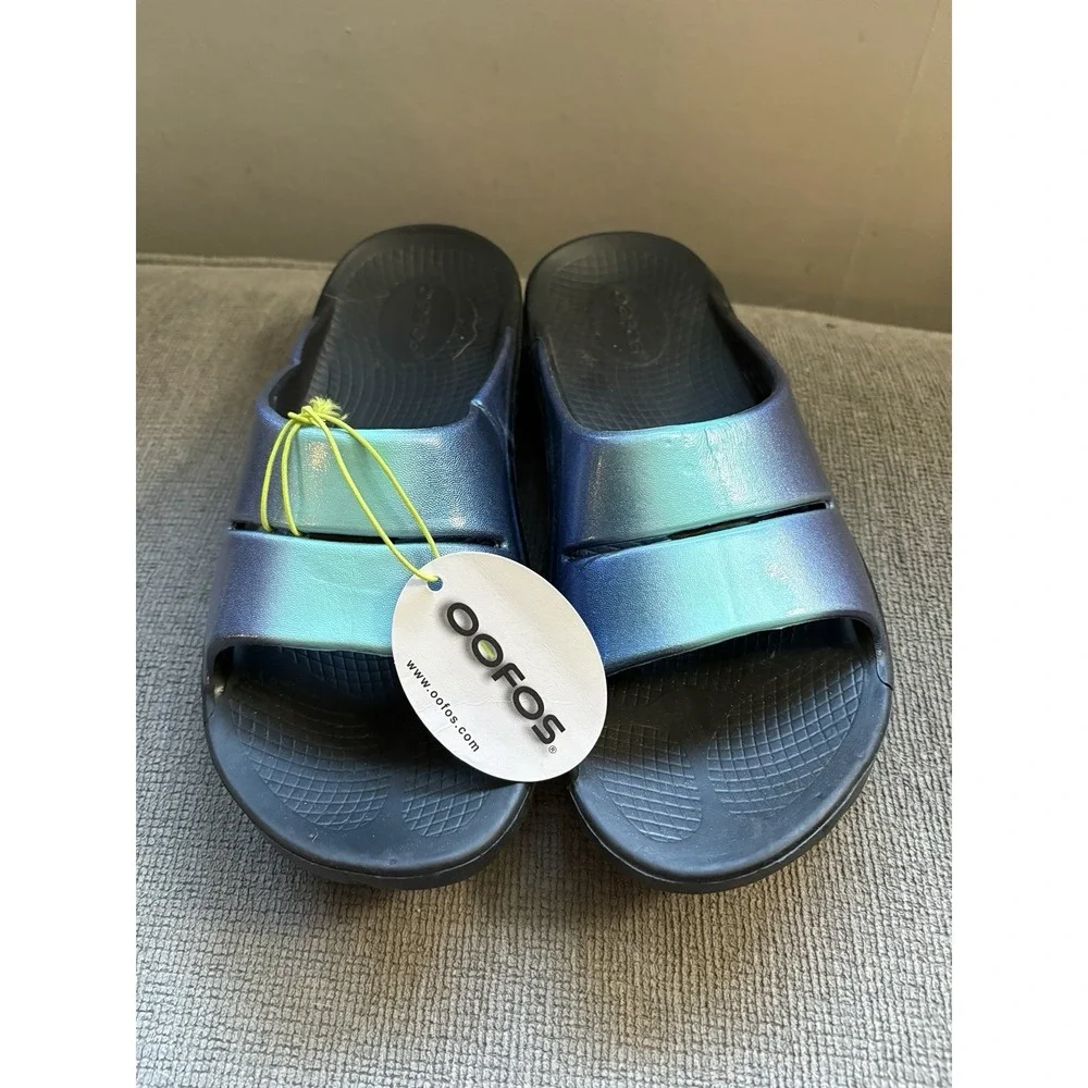 Oofos OOahh Luxe Atlantis Metallic Blue Slides Recovery Sandals Women's 8 NWOB - Picture 2 of 6